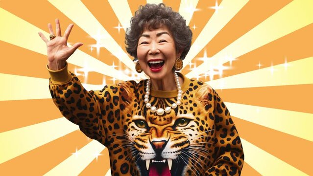 Osaka&rsquo;s auntie wearing a leopard print sweatshirt is waving her hand in the meeting place.  Abstract background animation with a sun motif. 