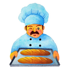 bakery chef baker fresh bread baguette food cooking professional kitchen man chef bake pastry french loaf breakfast meal art illustration watercolor painting design white isolated background