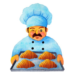 bakery chef baker fresh bread croissant food cooking professional kitchen man chef bake pastry delicious bun breakfast meal art illustration watercolor painting design white isolated background - 779487112