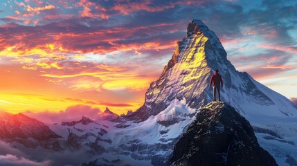 A mountaineer reaching the summit of a snow-capped peak at sunrise a metaphor for achieving ones highest goals - obrazy, fototapety, plakaty