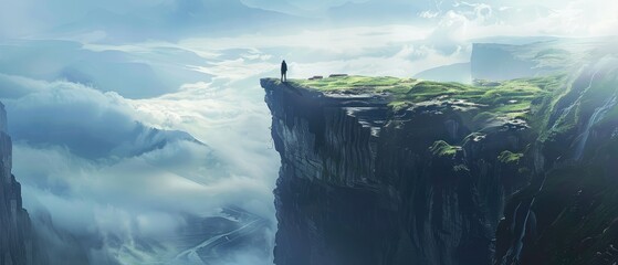 A person overcoming their fear of heights by standing at the edge of a cliff facing the vast landscape - obrazy, fototapety, plakaty