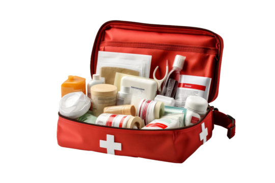 Red Bag Filled With Personal Care Items. On a White or Clear Surface PNG Transparent Background.