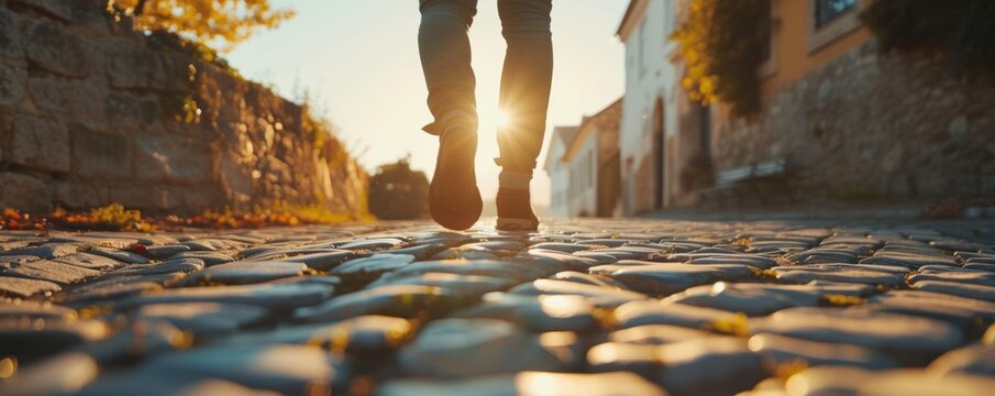 Man legs walking on the stone street in sunny backlight. cobblestone street with feets. theme.