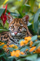 small ocelot in tropical flowers
