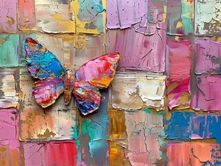 Abstract oil painting with palette knife, petals and butterfly, accented with gold lines, mimicking ceramic street arts vibrancy