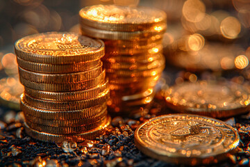 Multiple stacks of shiny gold coins on a surface with a warm background - obrazy, fototapety, plakaty