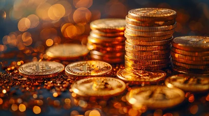 Tuinposter Multiple stacks of shiny gold coins on a surface with a warm background © Sirichai Puangsuwan