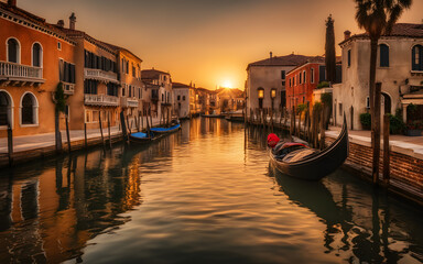 Golden hour at Venice canals, warm light reflecting on water, romantic, timeless beauty. - obrazy, fototapety, plakaty