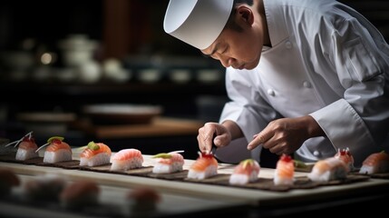 A skilled man wearing a chefs hat meticulously prepares food on a table, showcasing his culinary expertise.