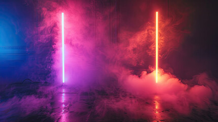 Two neon lights with smoke isolated on black background