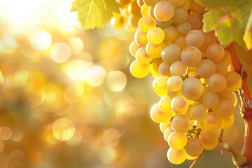 Grapes in the Sun: A medium close-up shot of ripe grapes basking in the warm glow of the sun,...