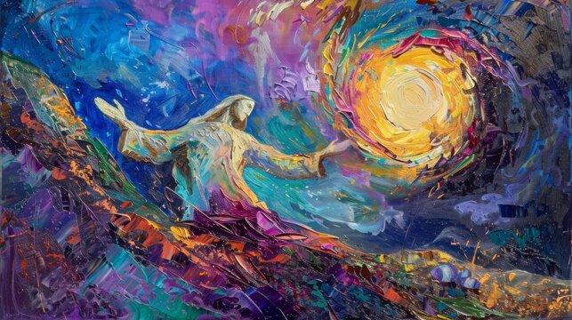 an oil painting The awakening and raising to spiritual consciousness of  man, which has been dead in trespasses and sins and buried in the tomb of materiality