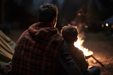 Back View Of Father And Son Sitting On Blanket In Front Of Campfire - Generative AI
