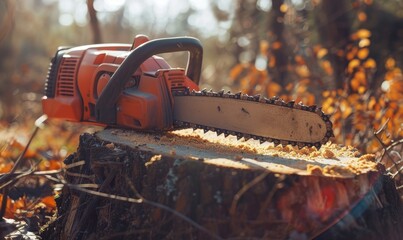 Fototapeta premium chainsaw on a stump, depicting deforestation, forestry work or tree-cutting activities and equipment usage