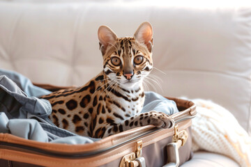 ocelot sitting in a suitcase