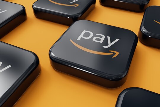 LONDON, UK - April 2024: Amazon pay online payment sharing service provider company logo. 3D Rendering