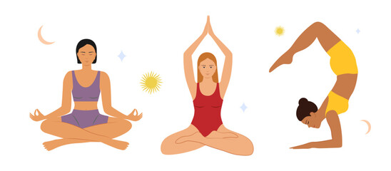 Stylish yoga illustration. The girl does yoga. Yoga poses.  A set of illustrations.