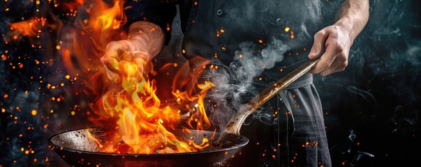 Professional chef flips a searing stir-fry in a wok, flames engulfing the savory dish in a commercial kitchen