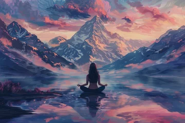 Muurstickers Serene image of a woman in a yoga pose, peacefully meditating with a majestic mountain range in the background, tranquility and harmony with nature. © Sunday Cat Studio