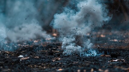 Mysterious smoke tendrils rise from the ground. A detailed capture of smoke and ash particles against a shadowy background, conveying a sense of enigma.