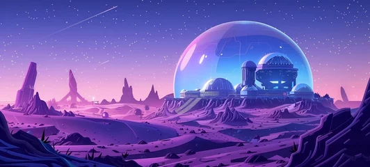Fotobehang Futuristic planetary base under a protective dome. The vivid illustration captures a science fiction scene of colonization on an alien world with a twilight sky. © Maxim