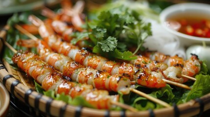 Grilled shrimps on skewers with sauce and coriander