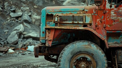 Obraz premium Abandoned old rusty truck in the scrapyard. Selective focus.