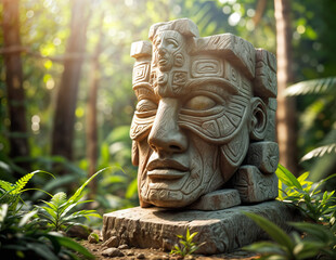 Obraz premium Ancient god head carved into a rock found in a peruvian jungle. Fantasy art.