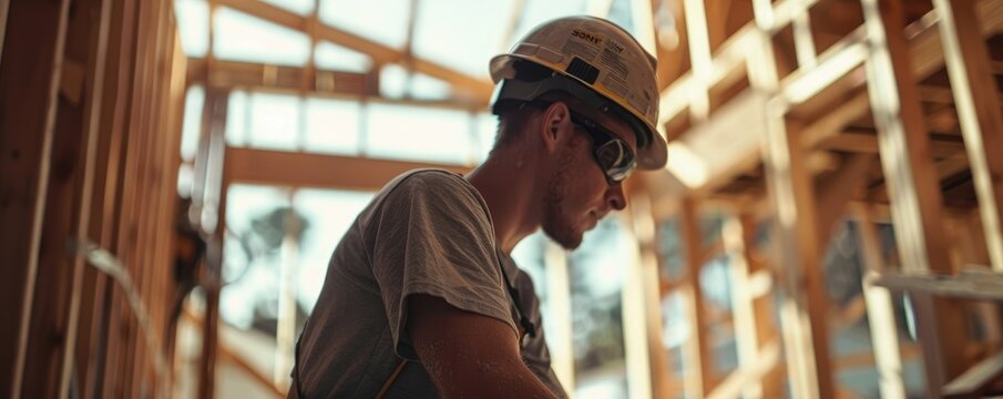 Focused construction worker accurately measures a wooden beam within a framework of a new house build