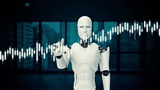 XAI Futuristic robot, artificial intelligence CGI for stock exchange market trading. Robotic man 3D render animation.