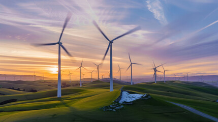 A field of wind turbines with the sun setting in the background. Renewable energy and sustainability concept. - Powered by Adobe