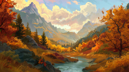 A painting of a mountain valley with a river running through it