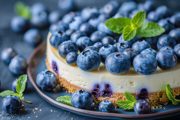A luscious lemon blueberry cheesecake topped with fresh blueberries and mint leaves on a dark plate.