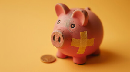 A piggybank wearing a sticking plaster, financial recovery concept.