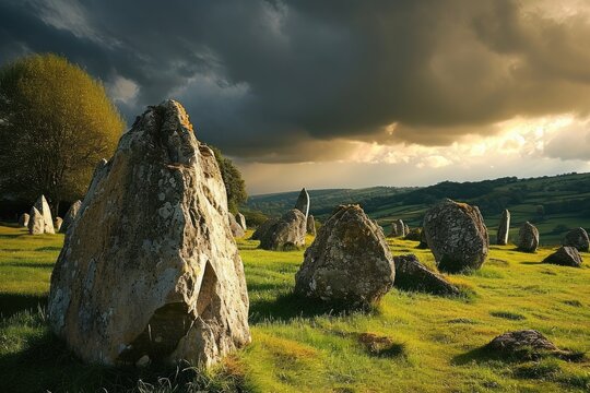 Enigmatic stone circles in the countryside, Ai generated