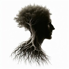 Person Silhouette with Tree Roots Head on White Background