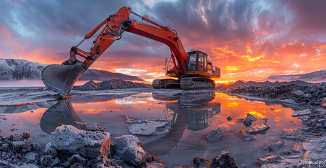 Excavator digging the water at sunset - obrazy, fototapety, plakaty