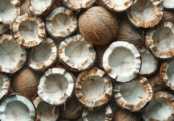 Coconut shells and coconuts on wooden background