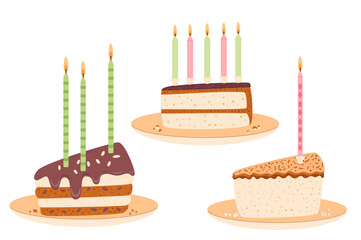 Birthday cakes portion set isolated. Sweet holiday bakery pieces collection. Pastry chocolate fruit, berry dessert slices with candles for breakfast. Cakes on plates. Vector hand drawn illustration