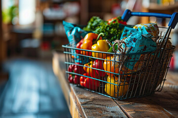 Fresh vegetables and herbs in a shopping basket. Healthy nutrition concept. Generative ai