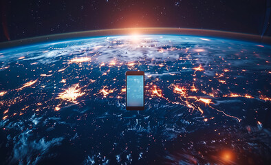Smartphone device in space with global network and bright city lights - obrazy, fototapety, plakaty