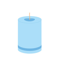 Pillar blue aroma candle. Handmade scented candlelight isolated in white background. Hygge time. Aromatherapy and relaxation home decor. Vector flat illustration.