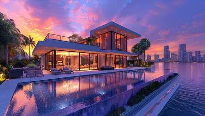 A modern villa with infinity pool on the cliff overlooking the Bali ocean. Created with Ai - obrazy, fototapety, plakaty