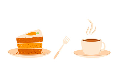 Coffee espresso cup with slice of carrot cake and fork. Sweet bakery piece with hot beverage. Pastry dessert with cream for breakfast. Vector pie and drink illustration isolated on white background