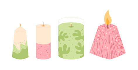 Candles set. Handmade aromatic candlelight isolated in white background. Hygge time. Aromatherapy and relaxation home decor. Vector cartoon illustration.