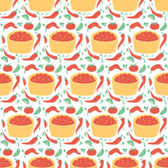 Salsa sauce seamless pattern. Mexican cuisine repeat background. Salsa rojo red endless cover. Traditional mexican food loop ornament. Vector illustration.