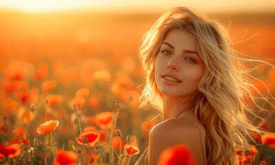 Naklejka premium Beautiful young woman stay on the poppy field with sunset