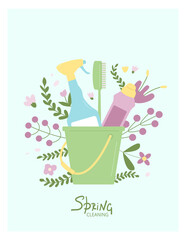 spring cleaning banner. Bucket with brushes and bottles for cleanup. Cleaner tools and flowers. Seasonal washing concept Vector flat illustration