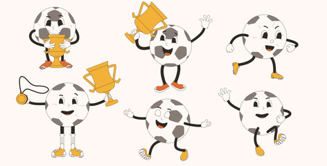 Fototapeta premium Football ball cartoon characters set. Soccer retro mascots with cup and medal. Vector illustration