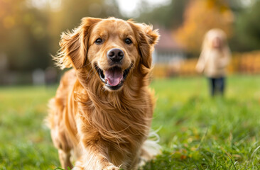 Obraz premium Happy healthy dog runs through grassy field with girl in the background.